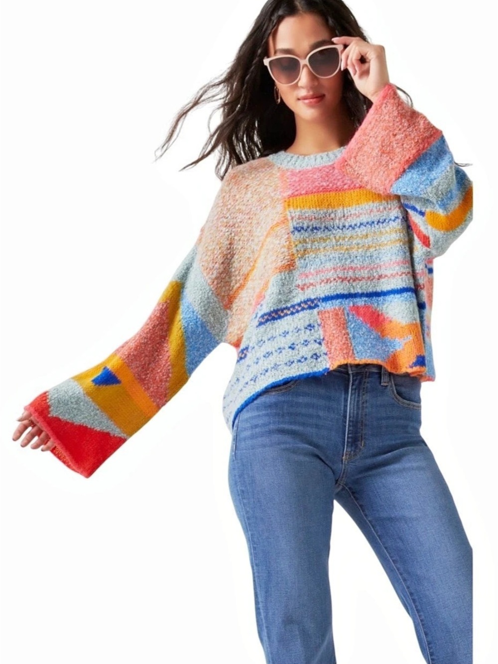 Francesca’s Sharlene Mixed Pattern Color Block Sweater Women’s Size Small